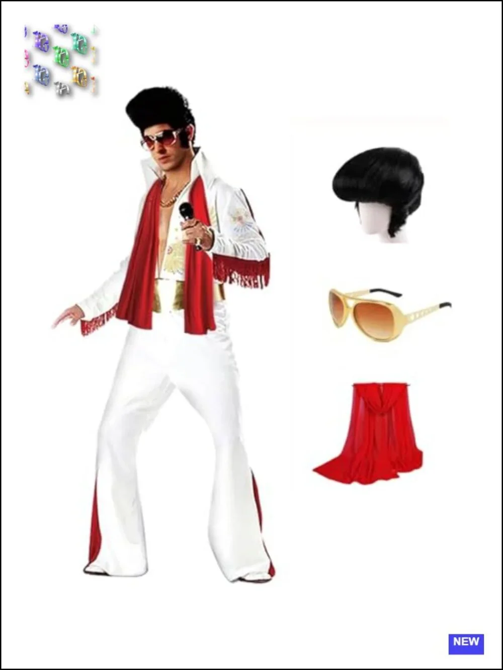 Men's 50s Disco Costume 5PCS White Jumpsuit Wig Sunglasses Belt Scarf Halloween